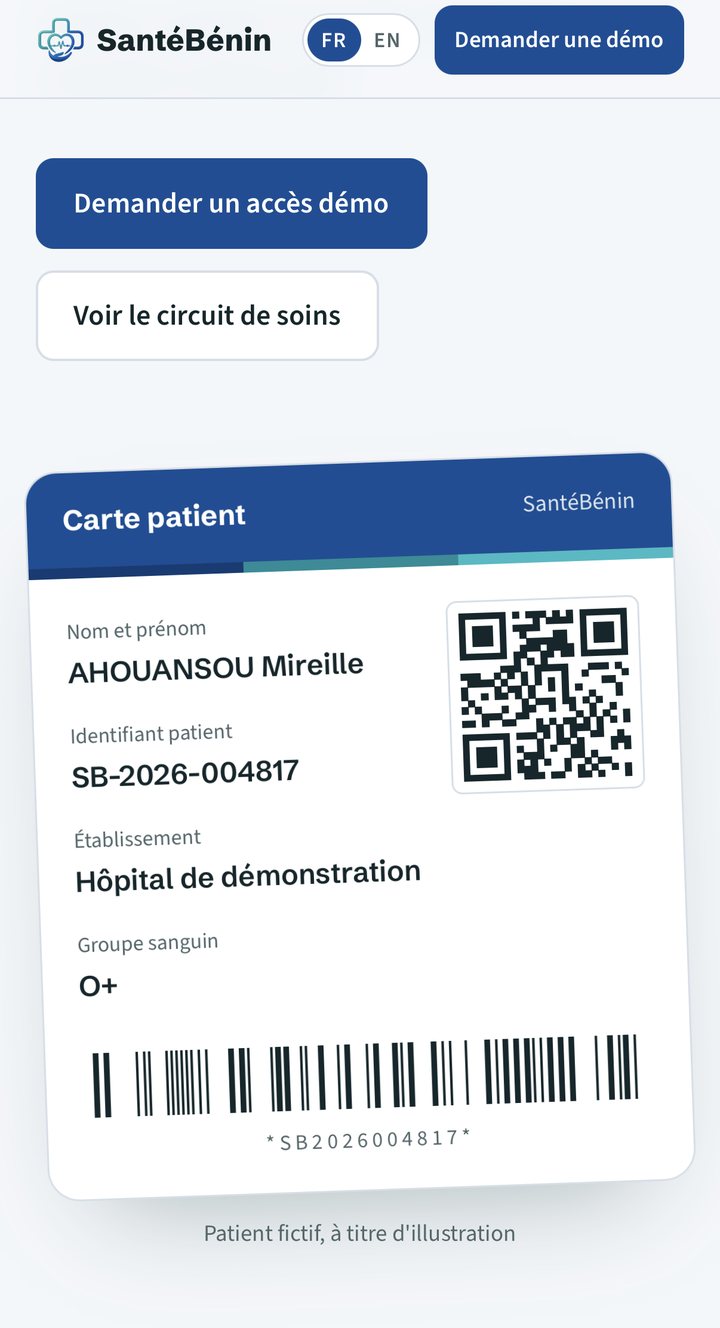 Site SantéBénin : carte patient d'illustration avec identifiant et code QR